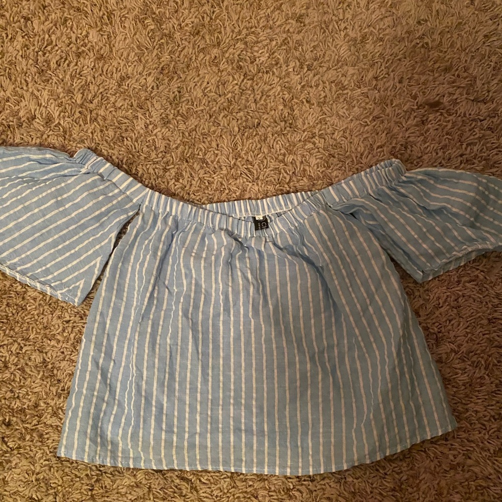 Light blue and white off the shoulder top